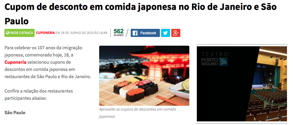 Cupom de desconto em comida japonesa no Rio de Janeiro e São Paulo